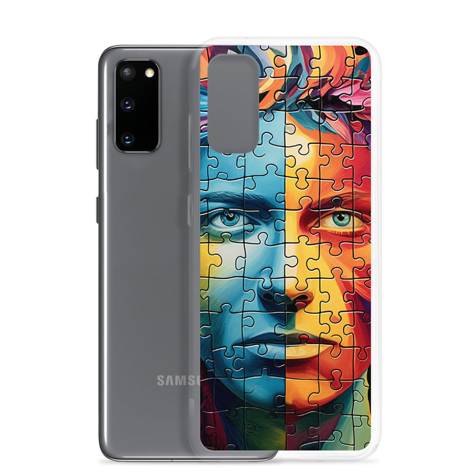 Duality Unraveled clear Samsung phone case with fire and frost portrait artwork, top edge detail