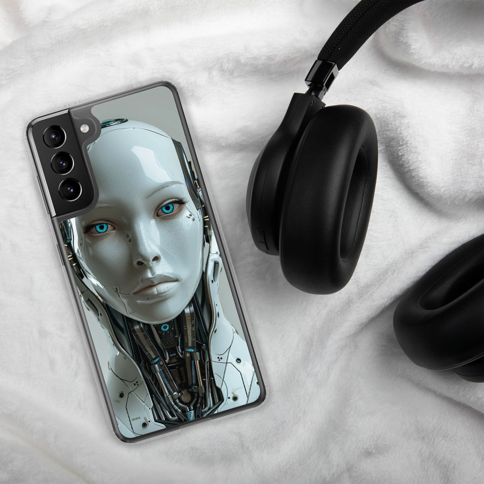 Centred female robot portrait with steel facial panels; close-up detail on a Samsung® Clear Case.