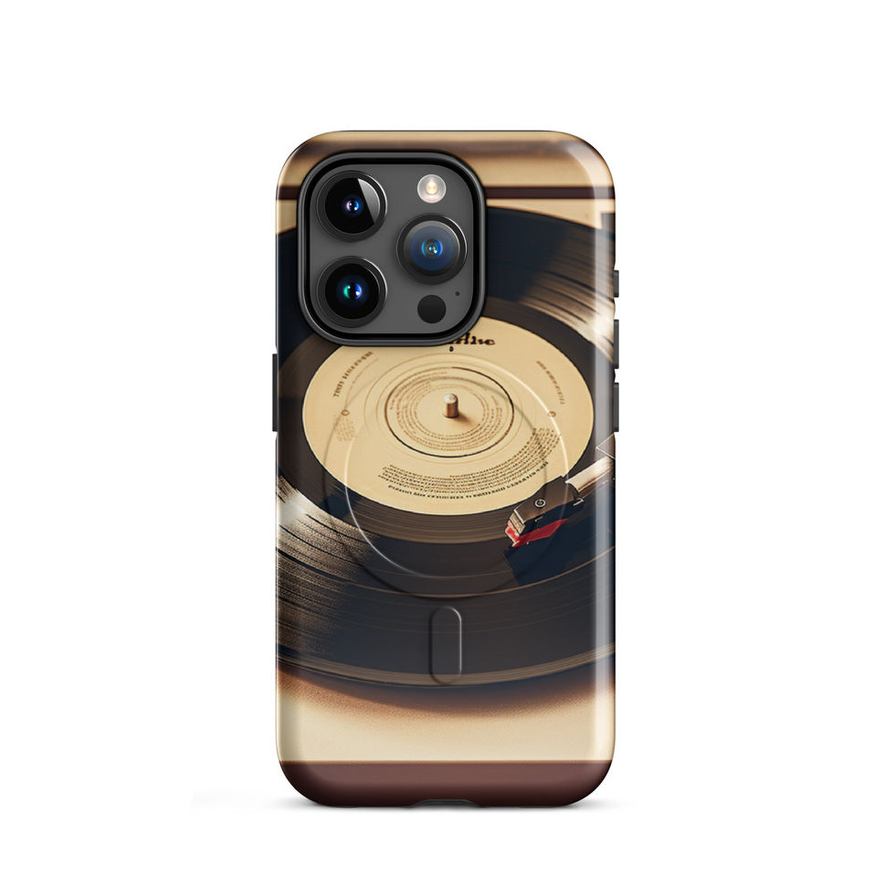 Golden Grooves MagSafe Tough Case for iPhone desk mockup with warm gold and black styling, image 8.
