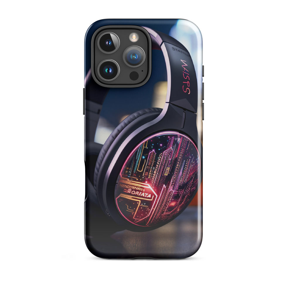 Neon Beats tough phone case for iPhone 16 Pro Max with a dark finish and circular pink neon music artwork