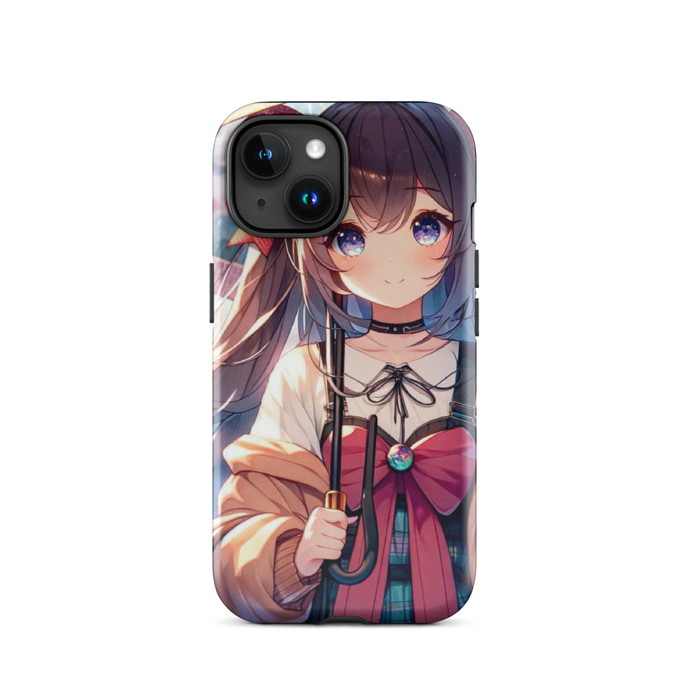 Rainy Day Elegance iPhone tough case, rear design with soft pink accents and a blue brooch.