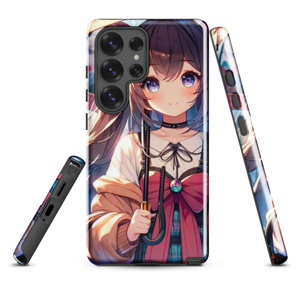 Rainy Day Elegance Samsung tough case, back and side views; back design with a dark umbrella shaft beside the face.