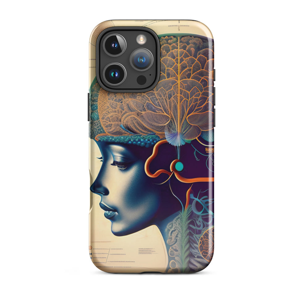 Flower Brain iPhone Tough Case featuring a stylised anatomical profile filled with golden flowers in rich indigo, teal
