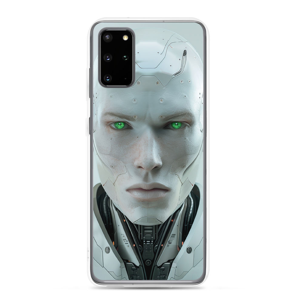 centred cybernetic guardian portrait on Samsung clear protective case, product mockup with camera cutout visible