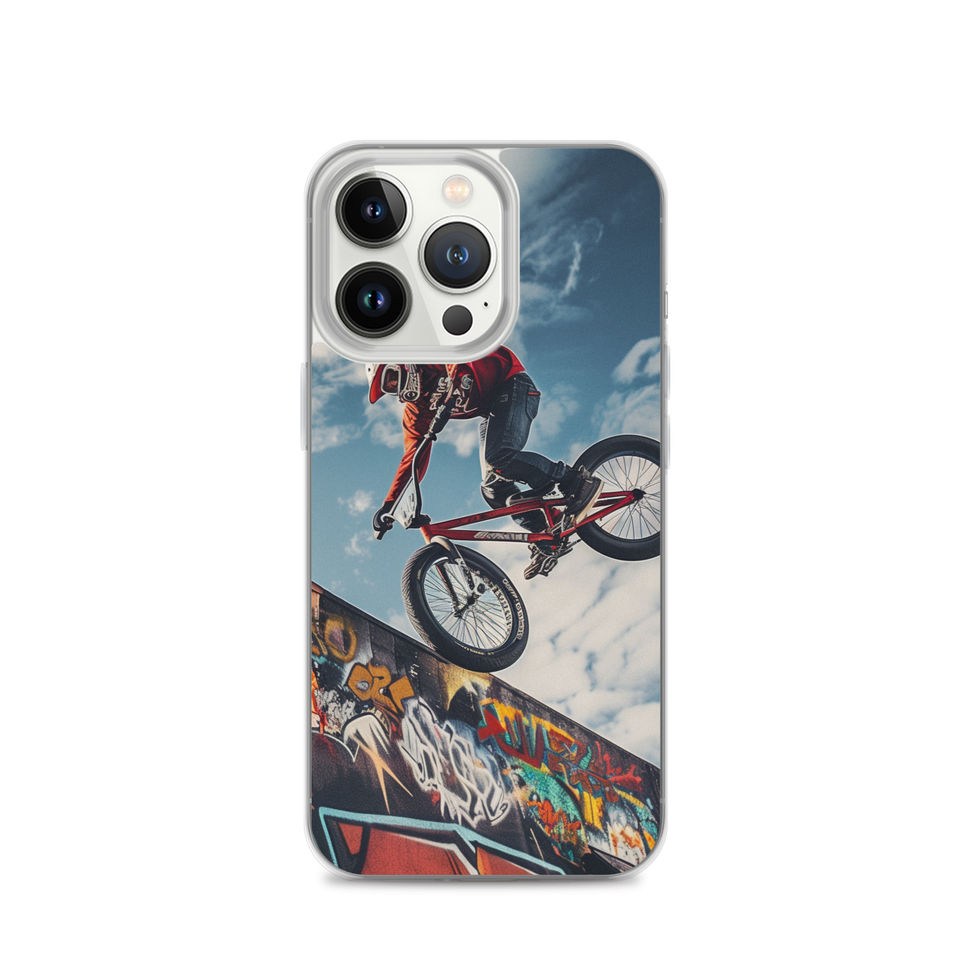Graffiti Air Clear case for iPhone 13 Pro, BMX rider above graffiti ramp, with phone beside case on white
