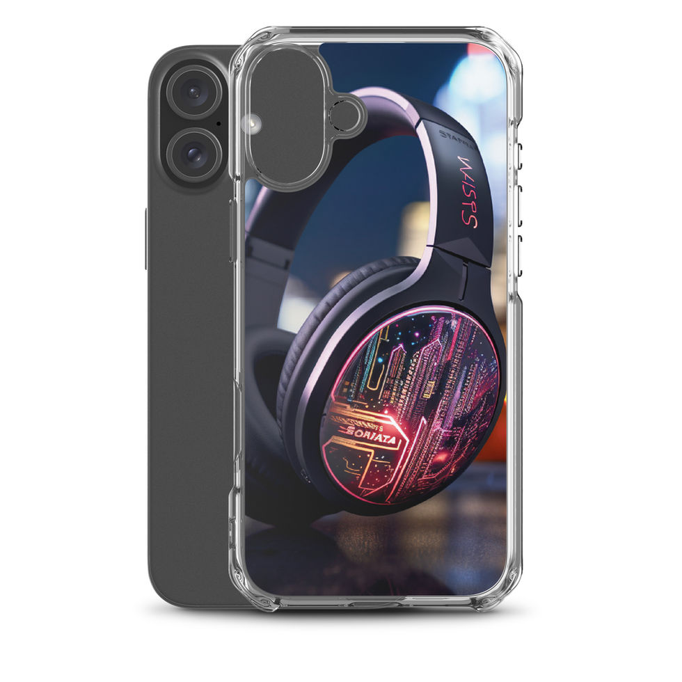 Neon Beats clear iPhone case showing circular pink neon artwork on dark blue, product image 41 of 50
