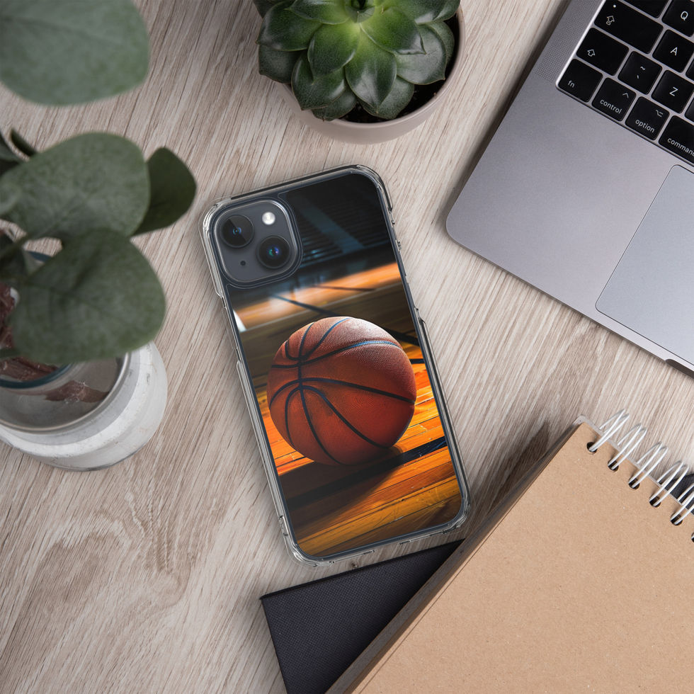 Final Buzzer Clear case for iPhone 15 Plus, basketball on timber court artwork, light desk with laptop and plants