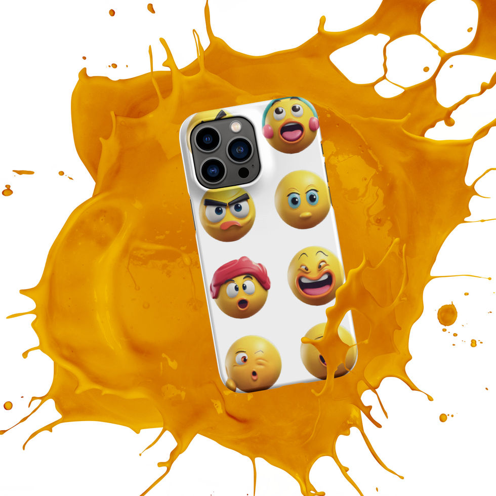 Emoji Frenzy snap iPhone case showing two-column emoji grid across its upright design, over an orange paint splash.