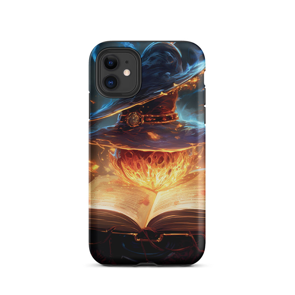 Arcane Ember iPhone tough case with golden light rising from a dark book, shown from the rear on white.