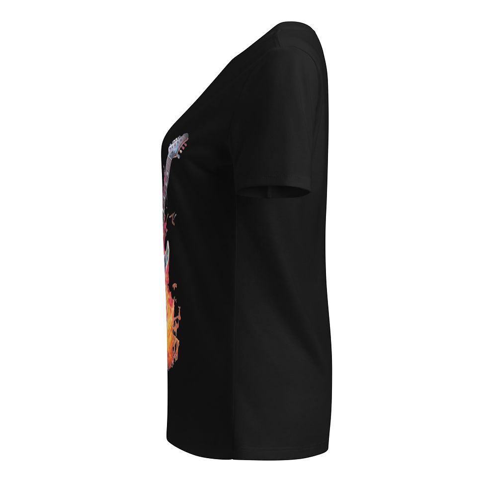 Inferno Strings: black women's relaxed V-neck T-shirt showing left sleeve and side