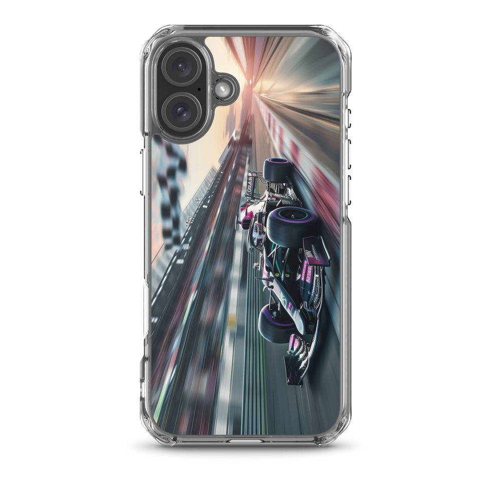 Midnight Velocity Clear case for iPhone 16 Plus, race car and night lights, phone and case on white