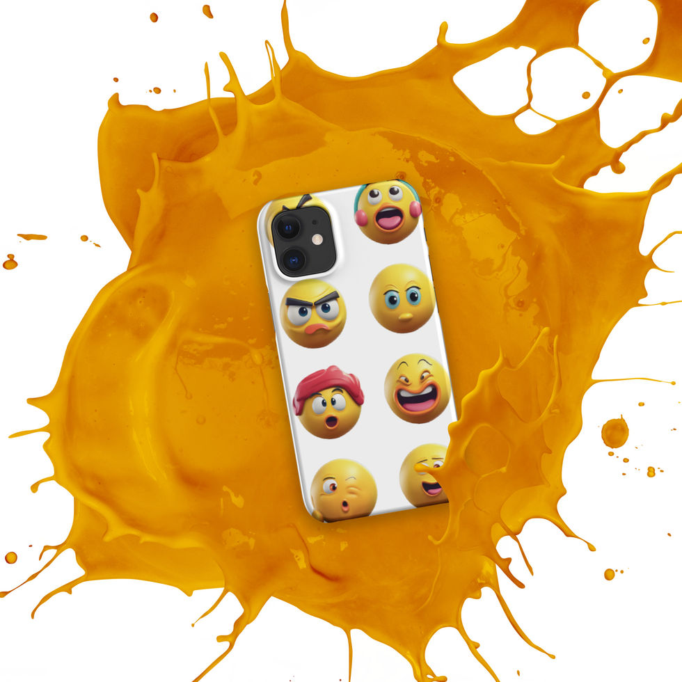 Emoji Frenzy snap iPhone case showing tongue-out emoji across its phone back, over an orange paint splash.