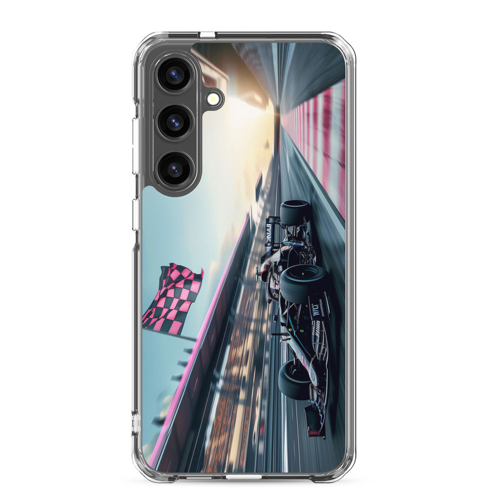 Blackout Champion Clear case for Galaxy S24 Plus, dark race car and pink flags, rear view on white