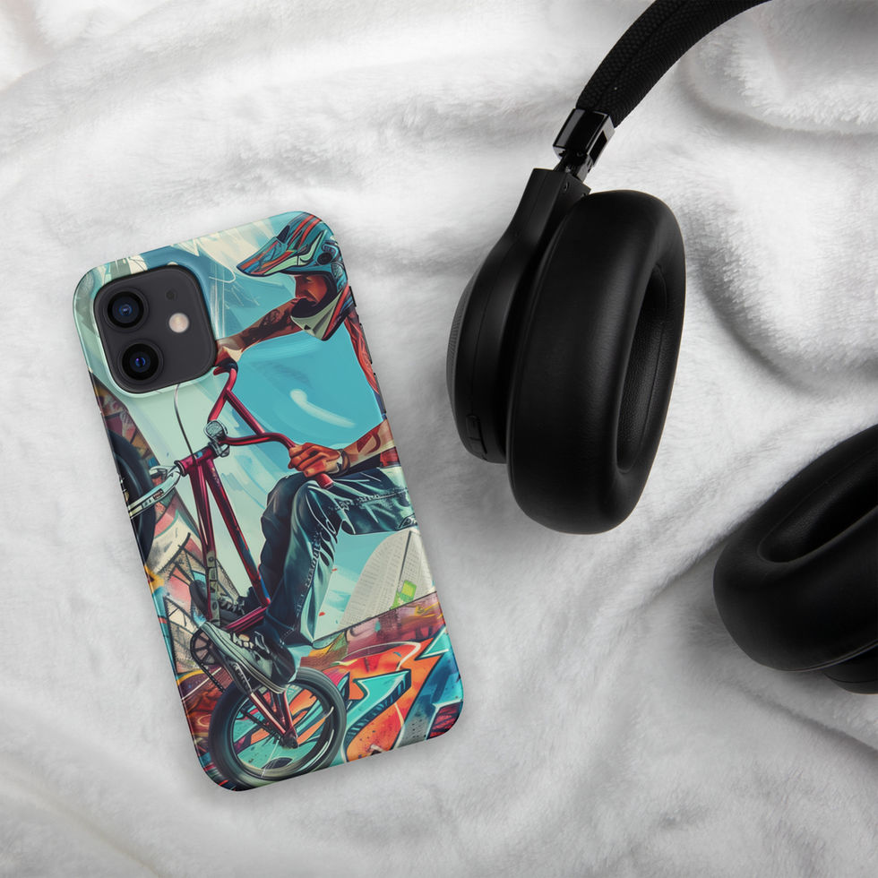 Urban Freestyle Snap case for iPhone 12, BMX rider and colourful graffiti, headphones on pale fabric