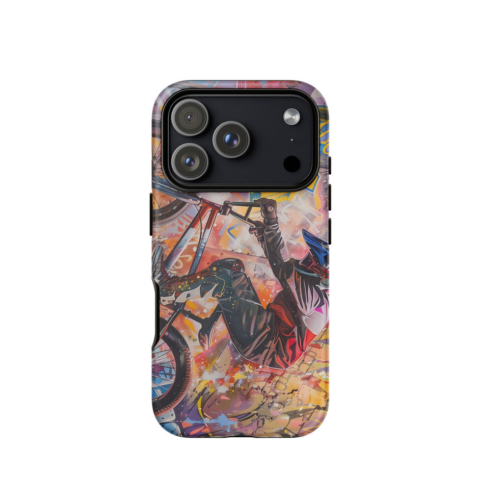 Graffiti Grind Tough case for iPhone 17 Pro, BMX rider amid pink and yellow graffiti, rear view on white