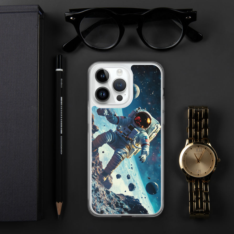Asteroid Drift clear iPhone case on a black desk beside glasses and a watch, showing blue-and-black space design