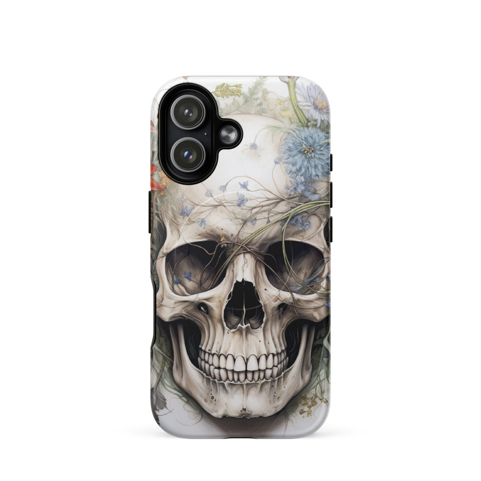 Botanical Requiem MagSafe iPhone case featuring branch lines crossing the skull crown
