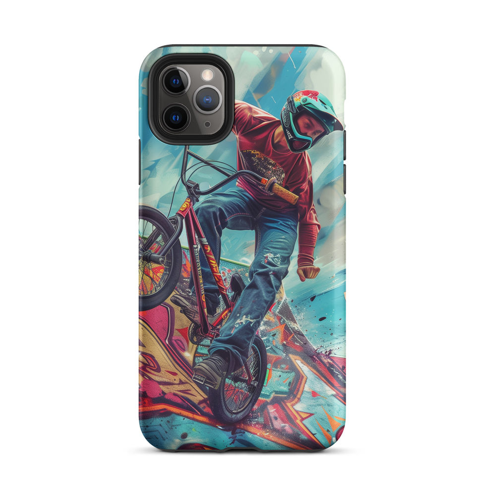 Ramp Rebel Tough case for iPhone 11 Pro Max, red-jacketed BMX rider and graffiti, rear view on white background
