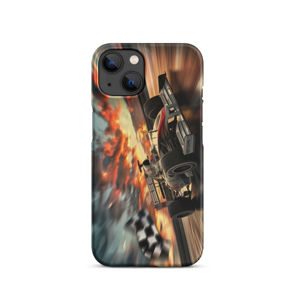 Final Lap Fury Snap case for iPhone 14, black race car and fiery flag, rear view on white