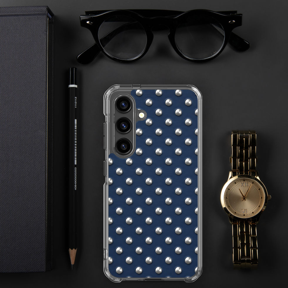 Midnight Silver Dots clear case for Samsung Galaxy S24, silver-look dots on navy blue
