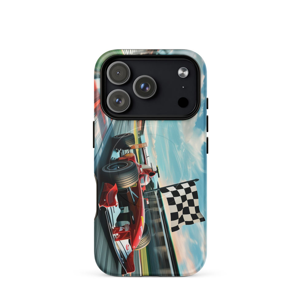 Champion's Glory MagSafe Tough case for iPhone 17 Pro, red race car and chequered flag, rear view on white
