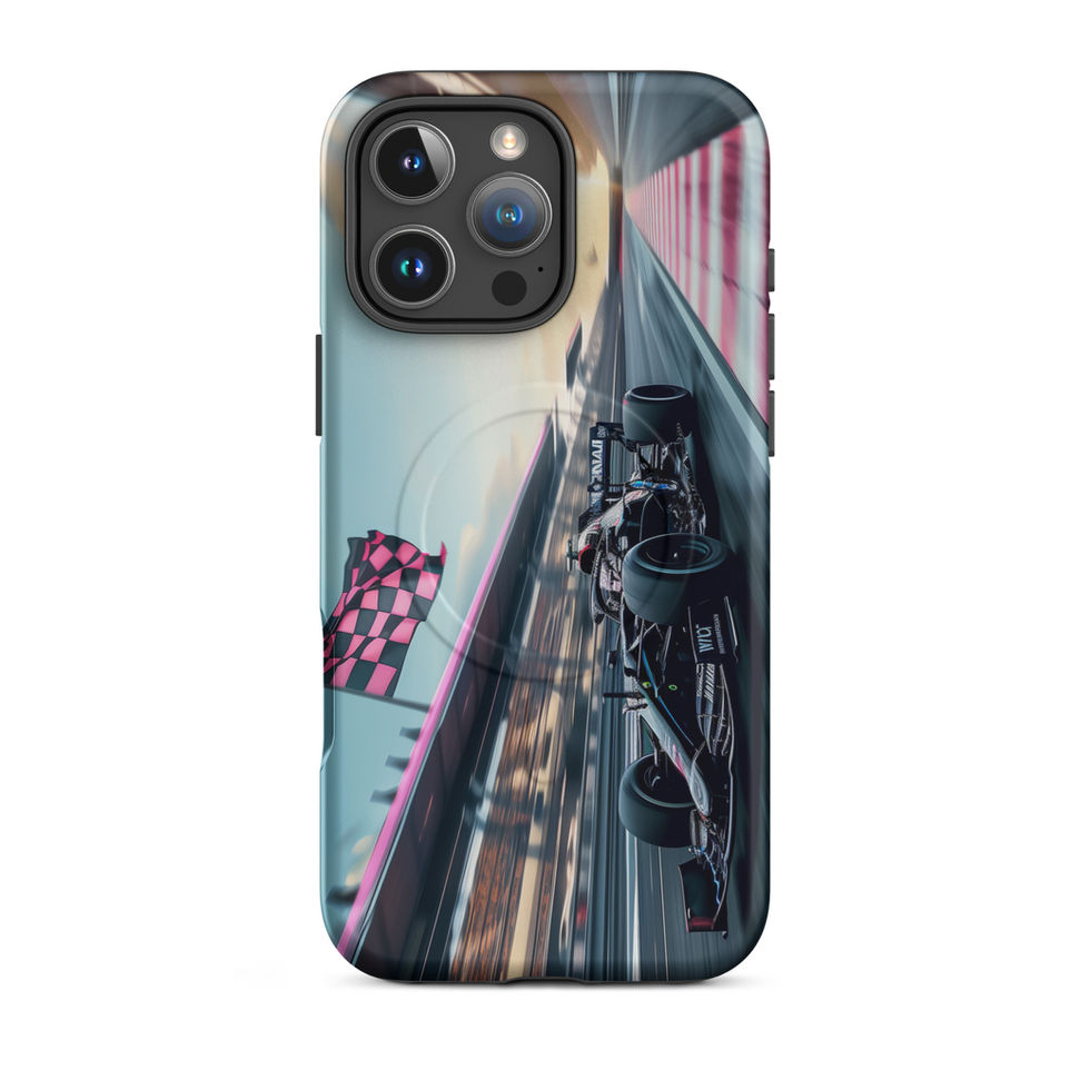 Blackout Champion MagSafe Tough case for iPhone 16 Pro Max, dark race car and pink flags, rear view on white