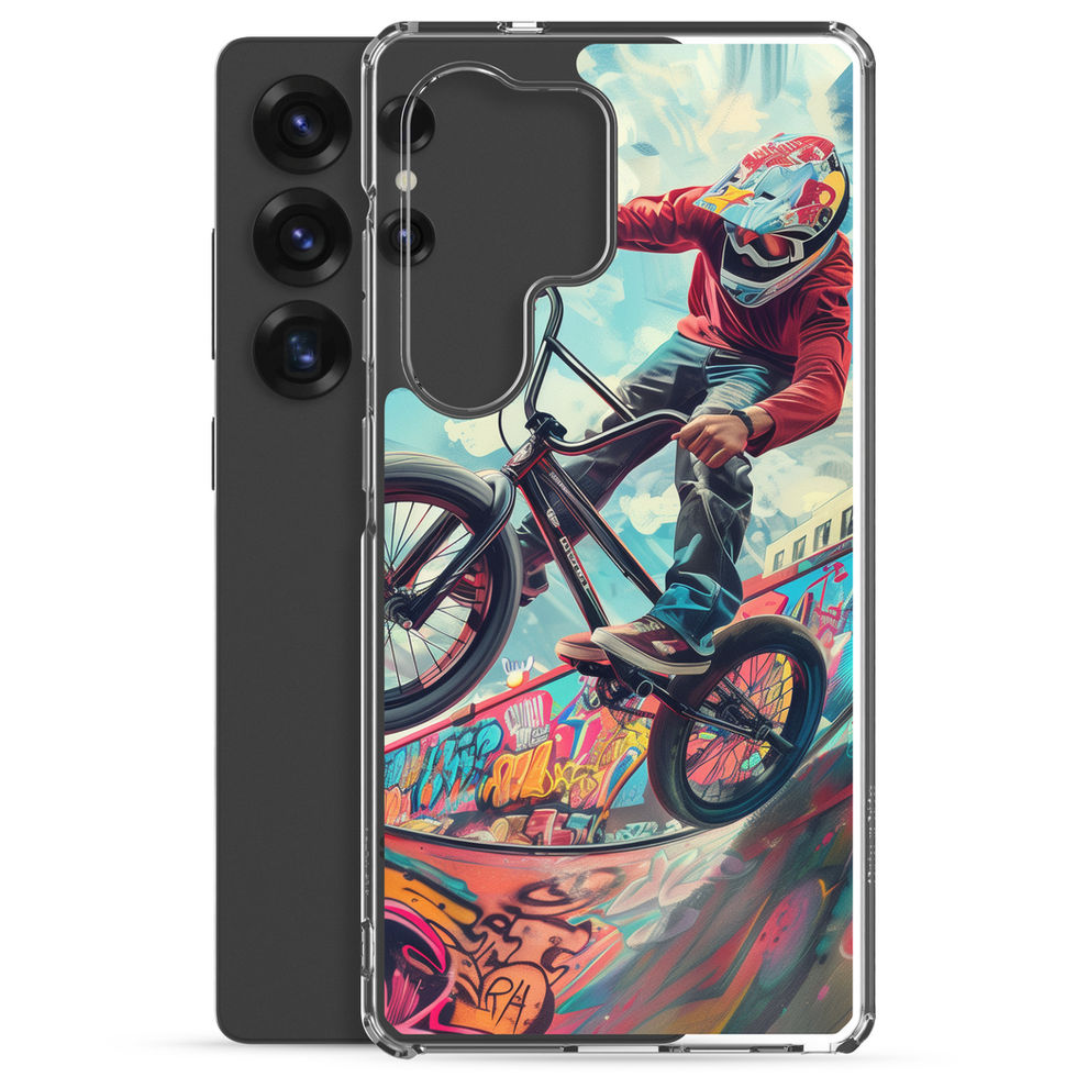 Urban Thrill Clear case for Galaxy S25 Ultra, BMX rider above graffiti ramp, phone beside printed case on white