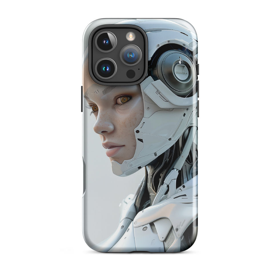 Neural Voyager cyborg with a porcelain cranial shell; angled case mockup on an iPhone® Tough Case.