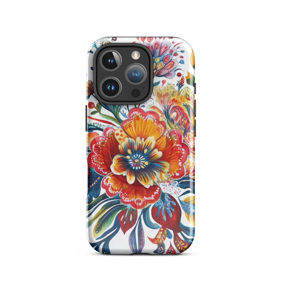 Sunfire Bloom MagSafe tough floral case for iPhone 16 Pro Max, rear view showing the sunlit floral artwork and magnetic case