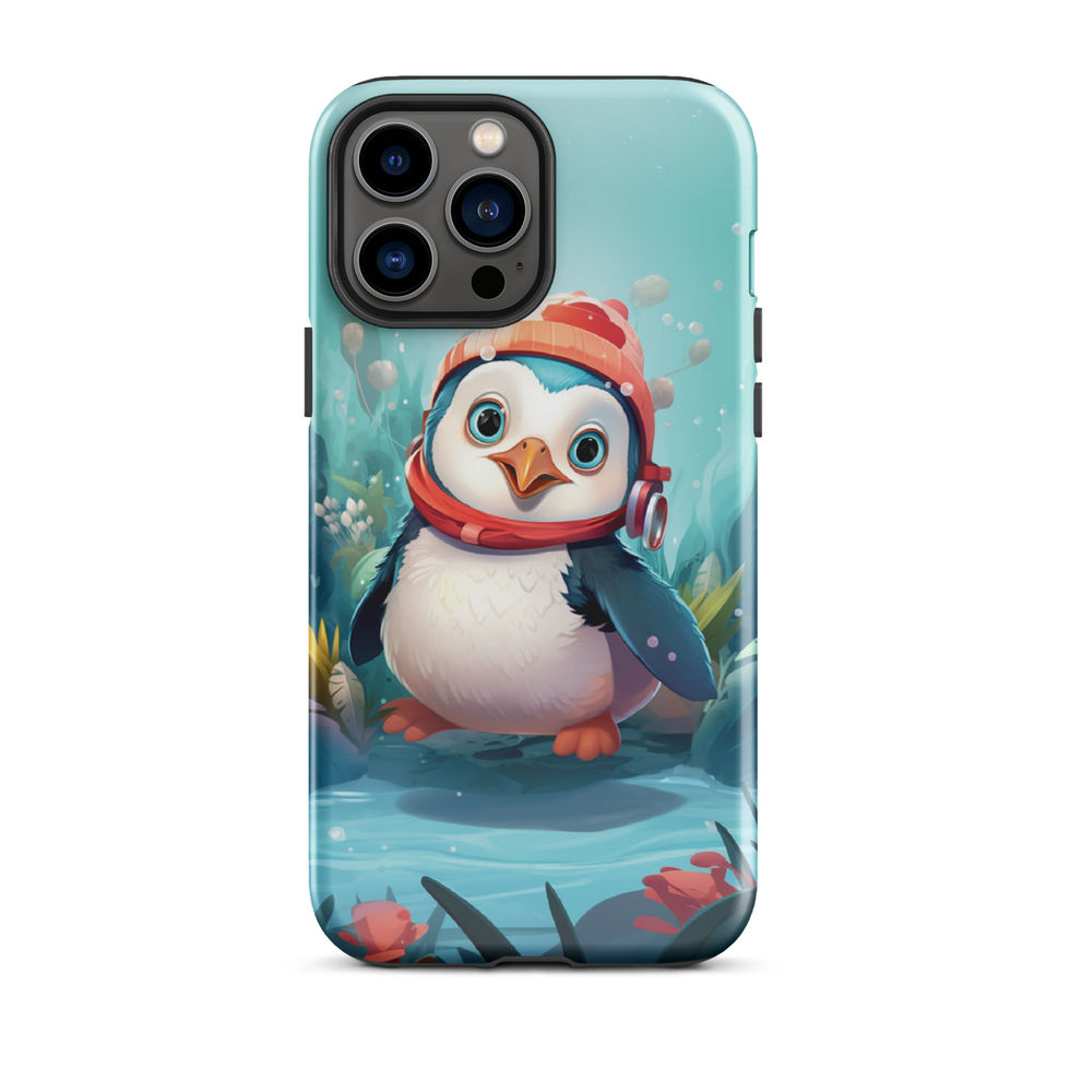 Aquatic penguin-mockup-12 showing Aqua Explorer artwork on an iPhone tough phone case