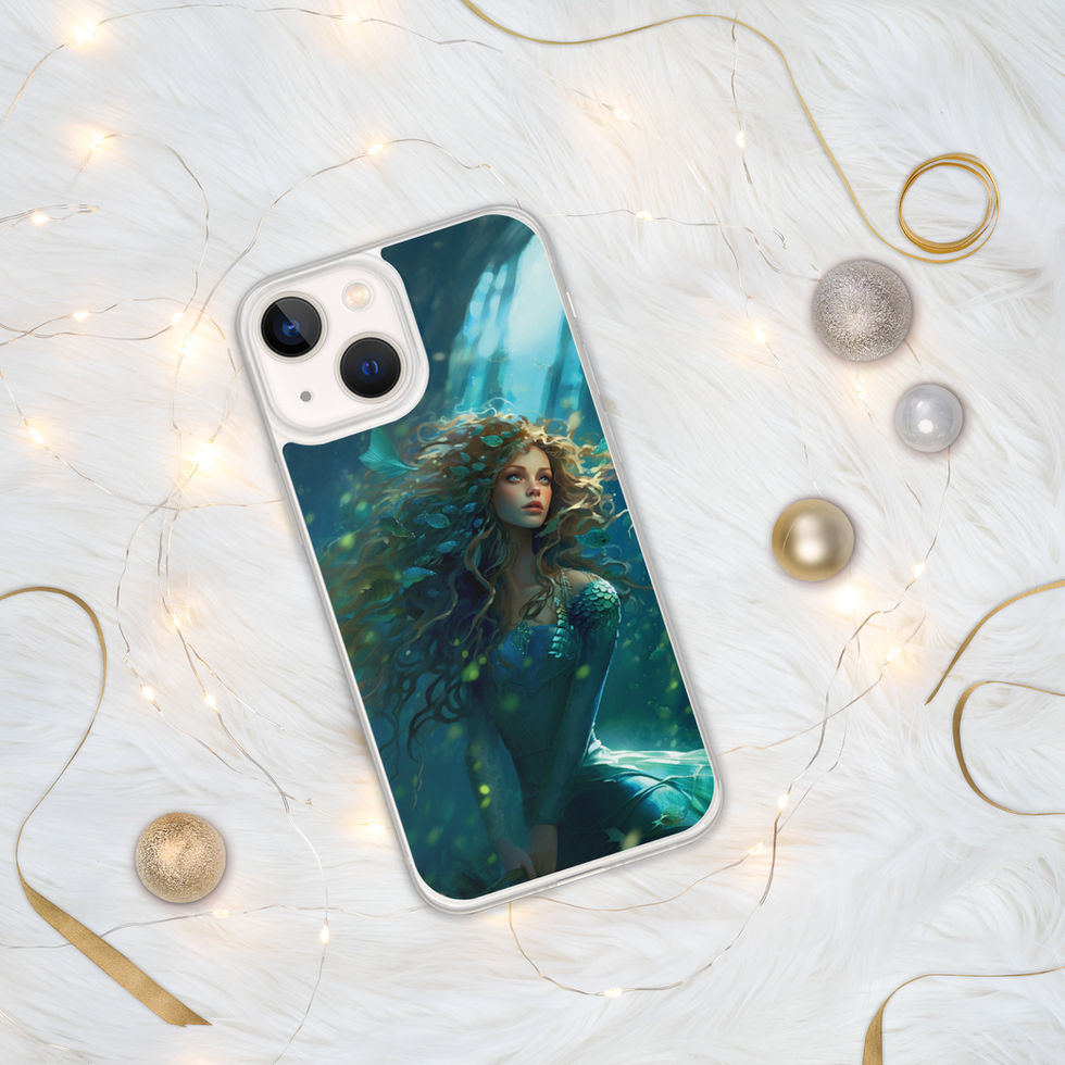 Ocean Enchantress clear iPhone case on pale marble with gold accents, showing luminous water above a shadowed ocean floor.