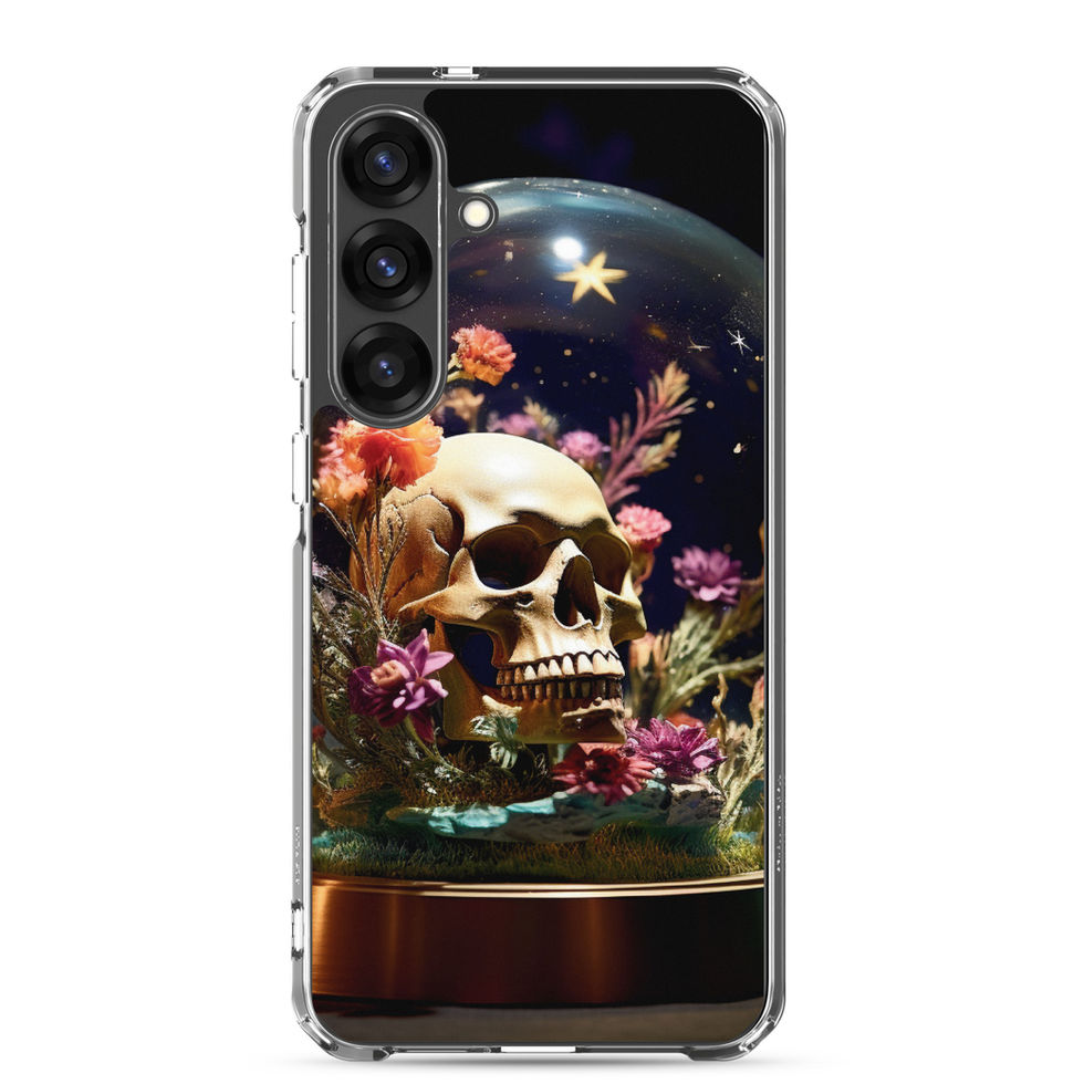 Celestial Remains Clear Samsung case showing pale skull and dark leaves across the case back