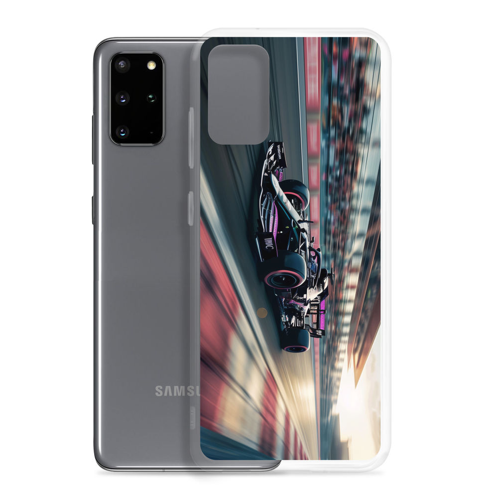 Black n Purple Power Clear case for Galaxy S20 Plus, black and purple race car artwork, phone and case on white