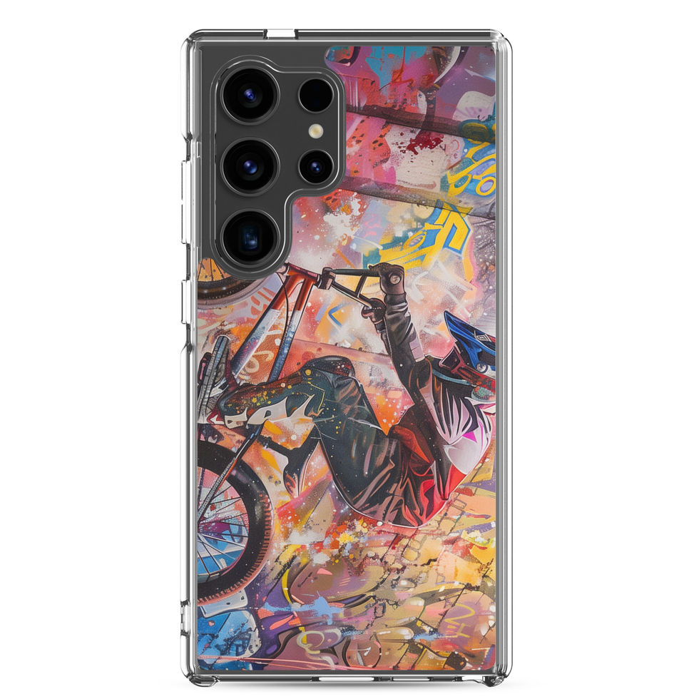 Graffiti Grind Clear case for Galaxy S24 Ultra, BMX rider amid pink and yellow graffiti, phone beside case on white