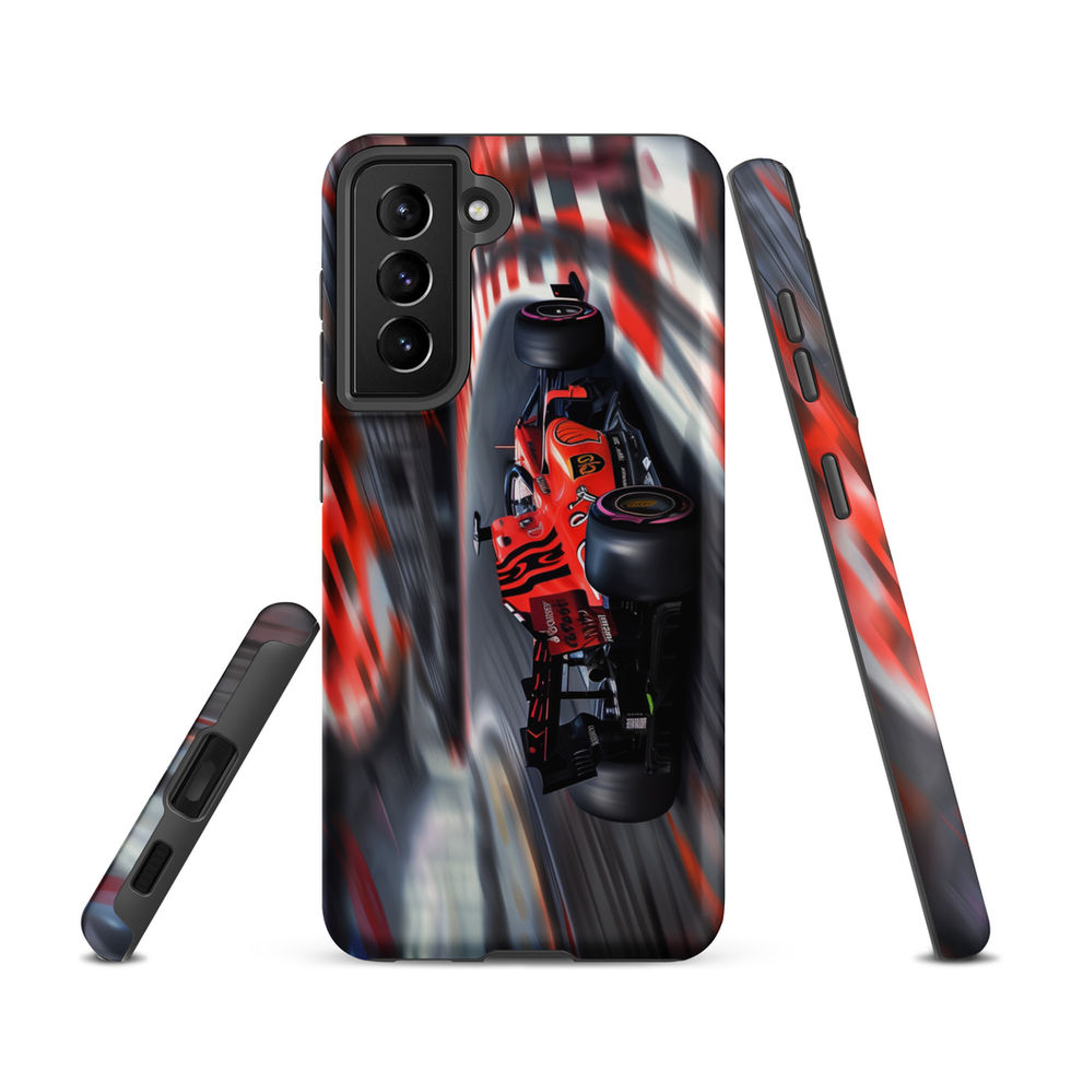 Apex Velocity Tough case for Galaxy S21, red race car and track streaks, rear and side views on white background