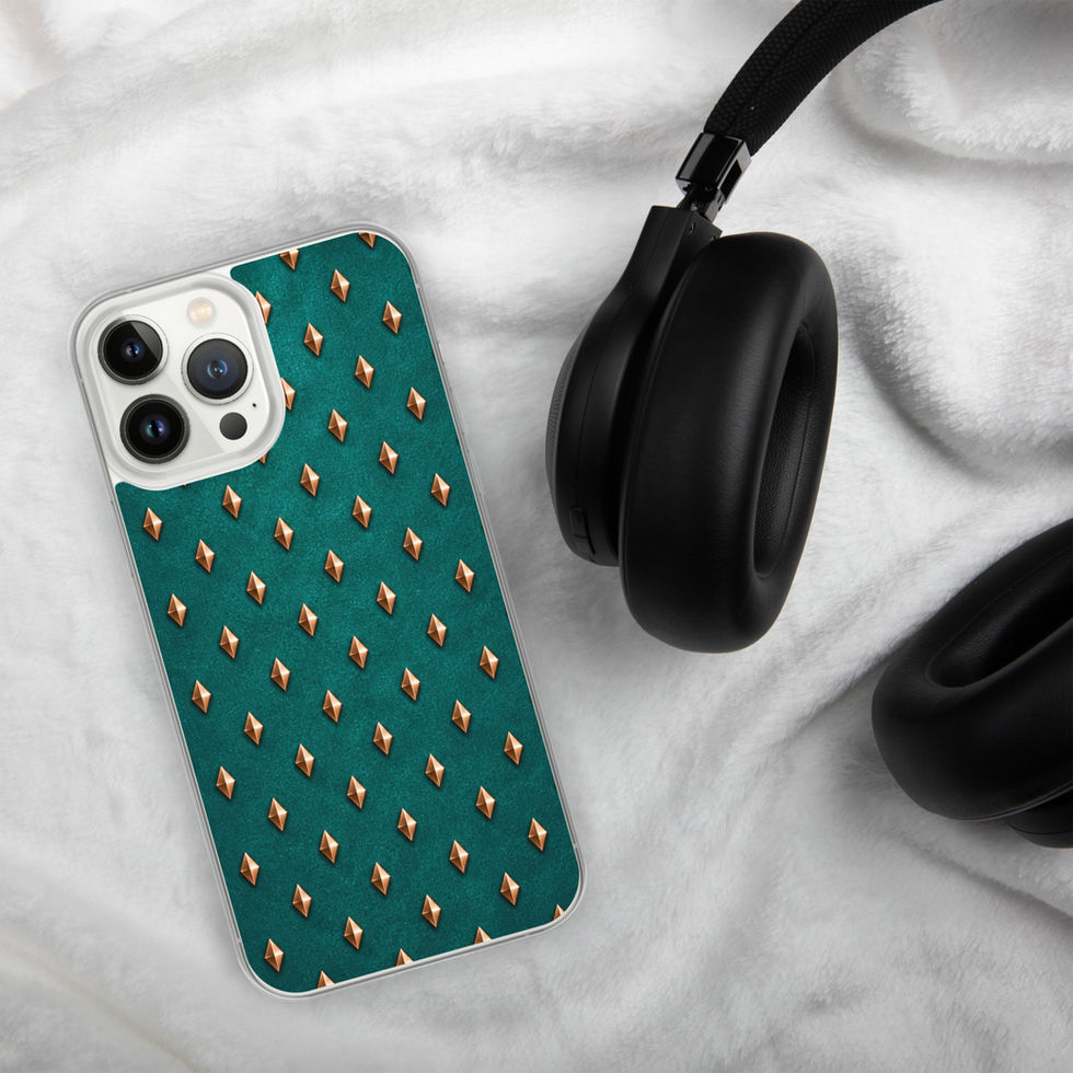Teal Copper Diamonds clear case for iPhone 13 Pro Max, copper-look diamonds on teal, alternate view 2
