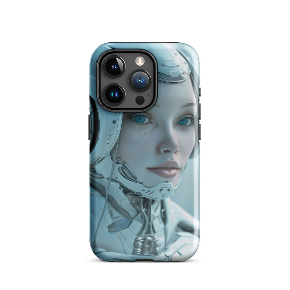 Refined android face with aqua light and sculpted panels; close-up detail on an iPhone® Tough Case.