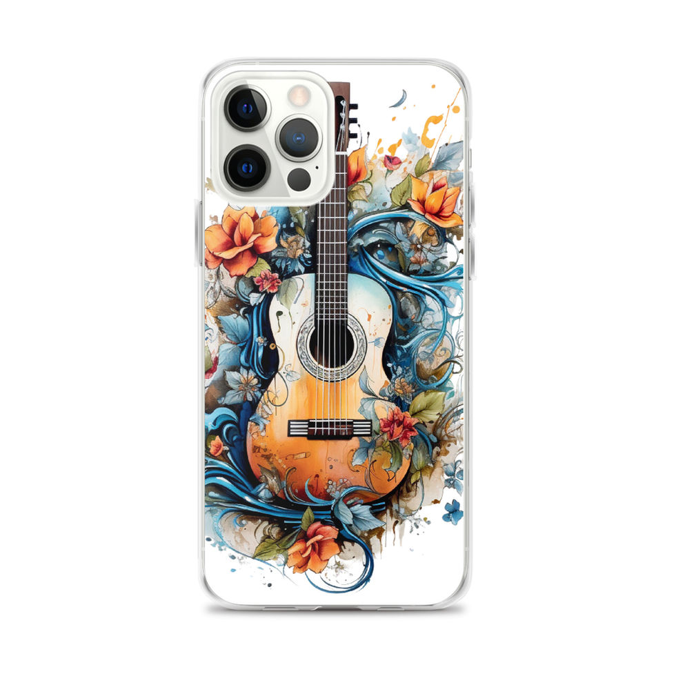 Nature’s Song clear iPhone case front view in a upright display stand, showing the floral music artwork, image 10.
