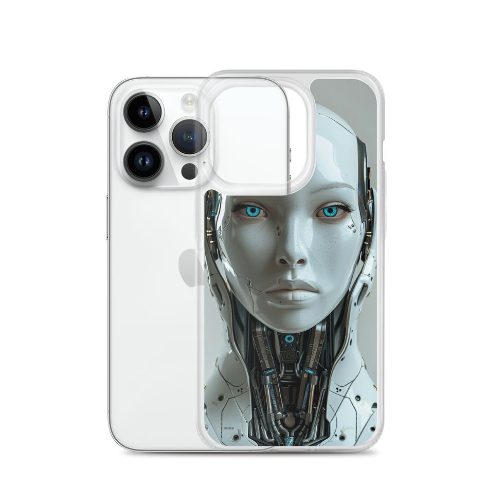 Steel-silver robot artwork with precise panel seams; angled case mockup on an iPhone® Clear Case.