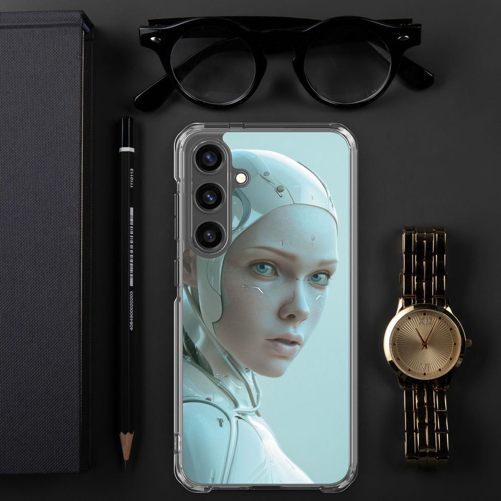 Elegant female AI face framed by ivory armour; full artwork view on a Samsung® Clear Case.