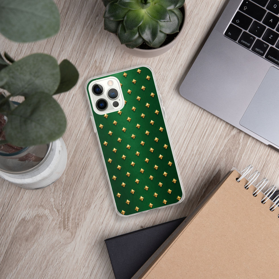 Emerald Gilt Diamonds clear case for iPhone 12 Pro Max, gold-look diamonds on emerald green, alternate view 3