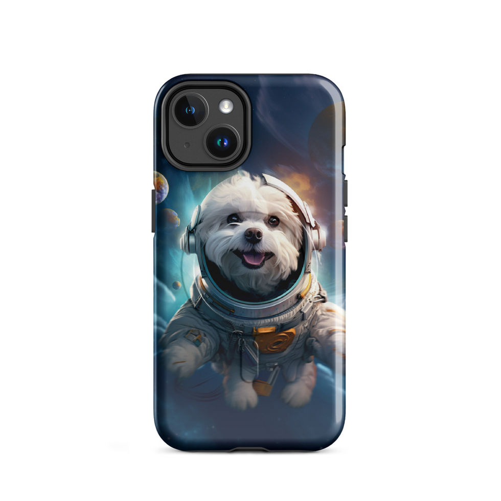 Galactic Voyager cosmic dog MagSafe iPhone case — upright phone mockup 02