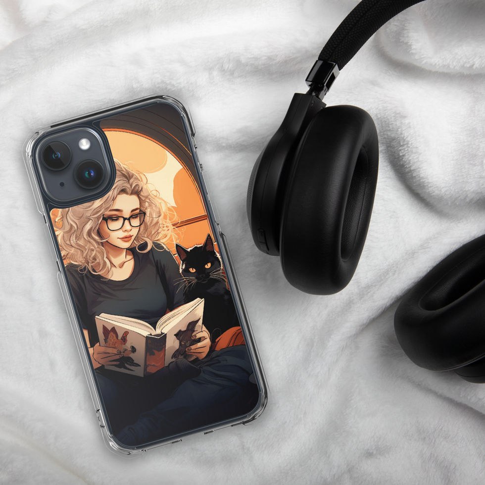 Printed back of Literary Haven iPhone clear case showing storybook-inspired portrait