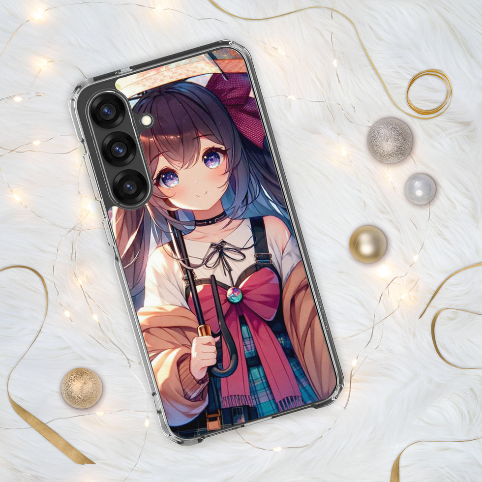 Rainy Day Elegance Samsung clear case showing a blue-eyed anime girl, among lights and baubles.