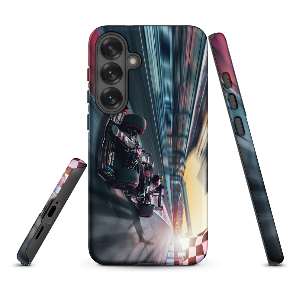 Final Lap Tough case for Galaxy S25 Plus, dark race car and blurred track artwork, rear and side views on white