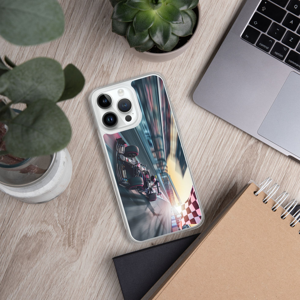 Final Lap Clear case for iPhone 14 Pro Max, dark race car and blurred track, light desk with laptop and plants