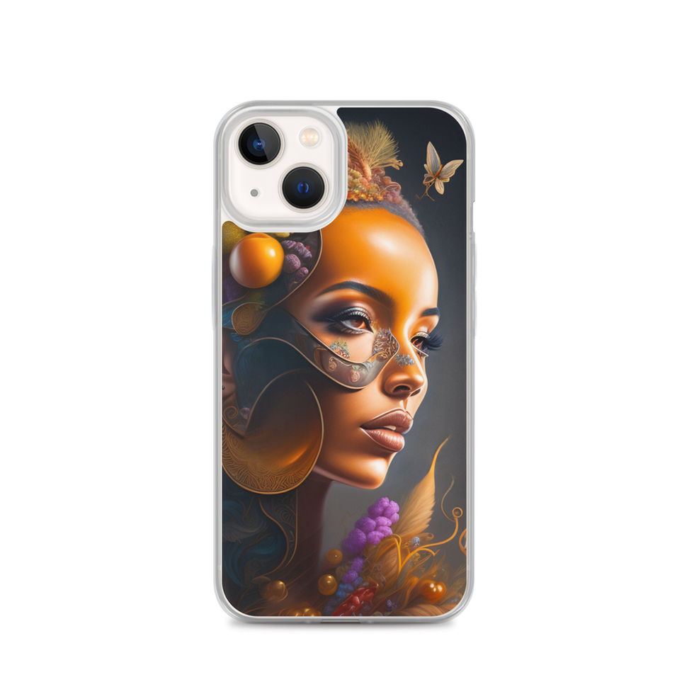 Fruit Brain iPhone Clear Case decorated with a colourful arrangement of oranges, grapes, flowers and foliage