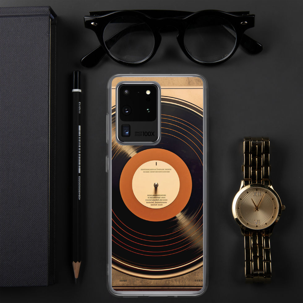 Vintage Vibes clear Samsung phone case close front view highlighting the warm orange record label, image 5.