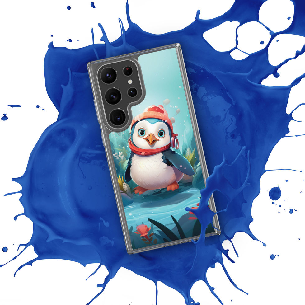 Aquatic penguin-mockup-38 showing Aqua Explorer artwork on a Samsung clear phone case