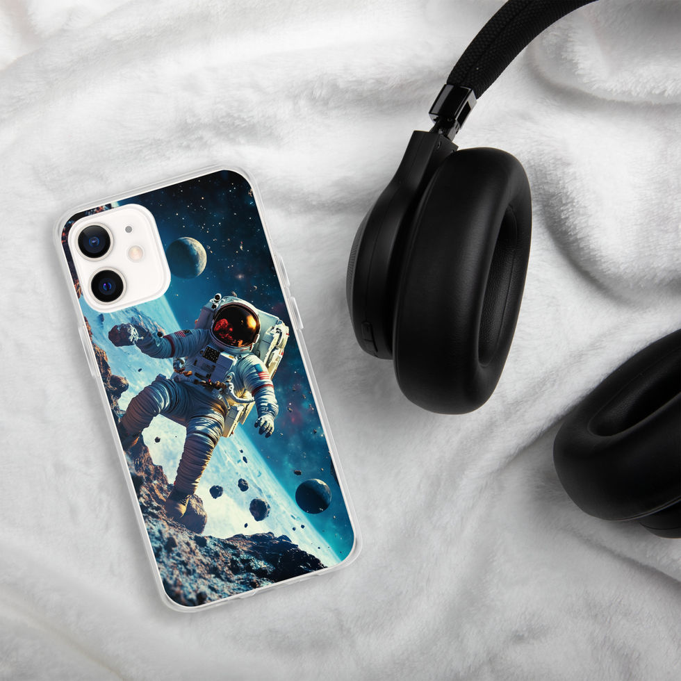 Asteroid Drift clear iPhone case on pale fabric beside black headphones, showing drifting rocks around the astronaut